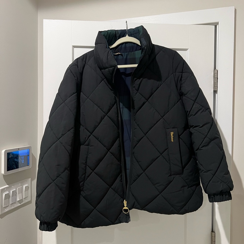 Reversible Barbour Black and Navy/Green Plaid Quilted Jacket with Gold Accents
